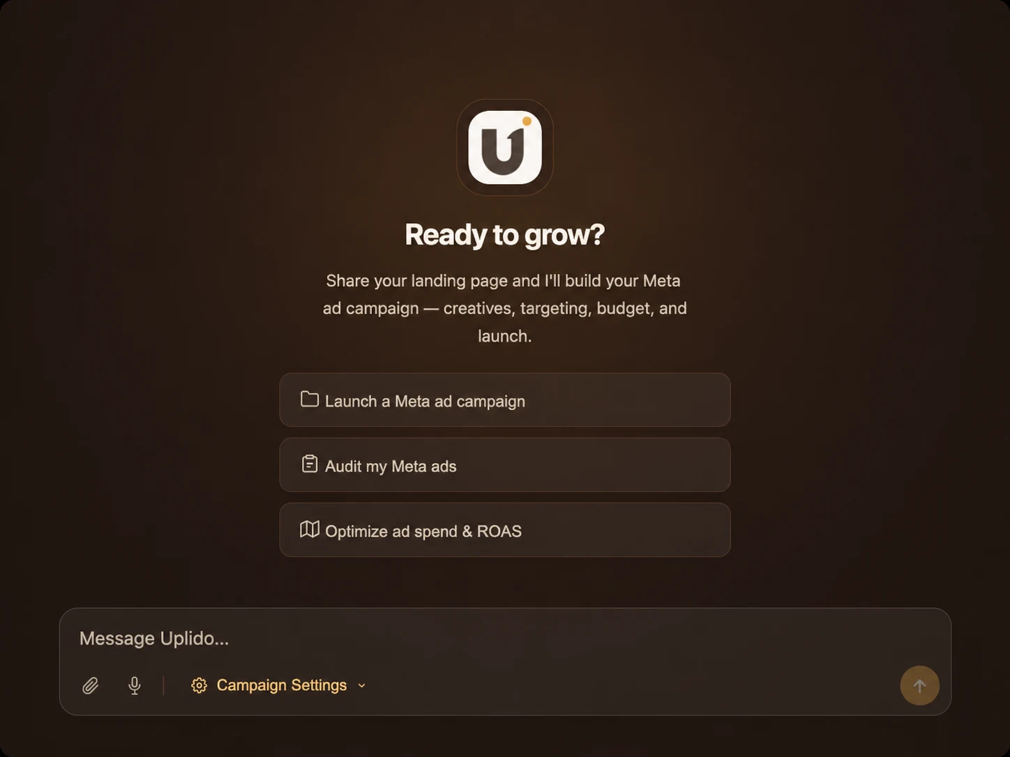Uplido workspace ready to grow screen with campaign launch actions