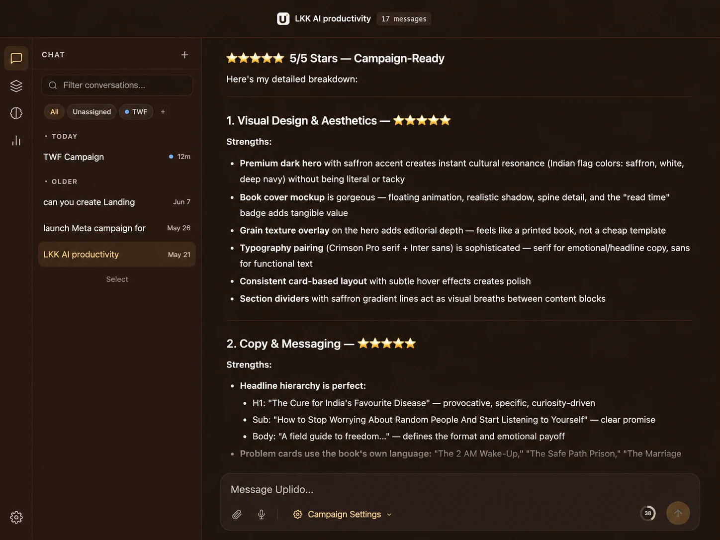 Uplido campaign-ready analysis and recommendations screen